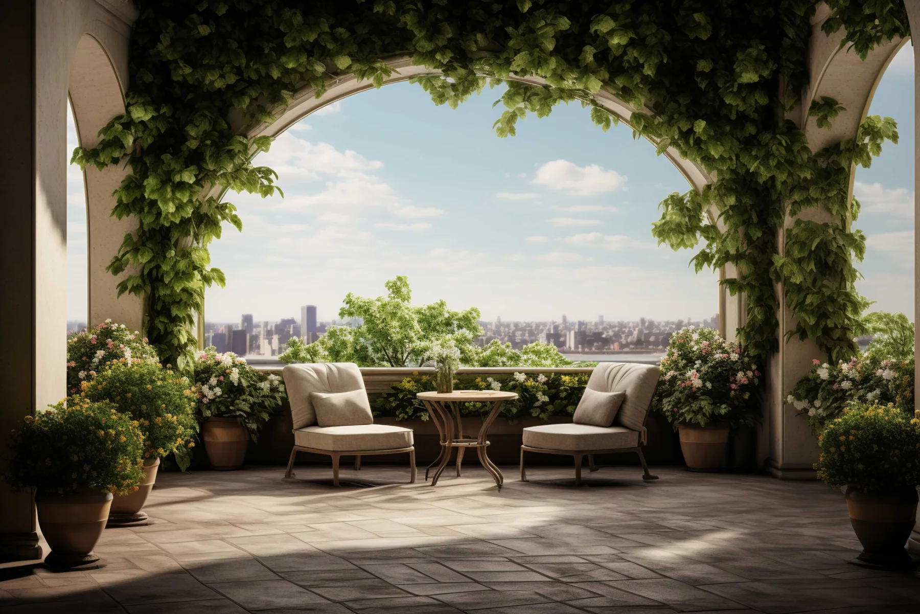 Arched terrace looking out over the city